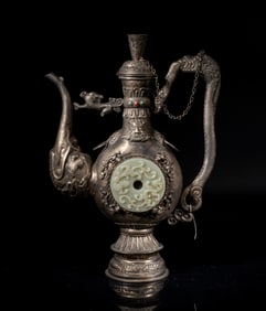 Large Chinese Silver Plated Pot Inlaid Jade