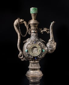 Chinese Export Large Pot Inlaid Coins, Jade Stone
