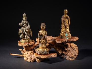Estate Korean Gilt Bronze Buddha w/ Wood Stands
