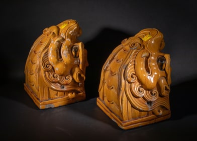 Two Massive Chinese Stoneware Beast Head Sculpture