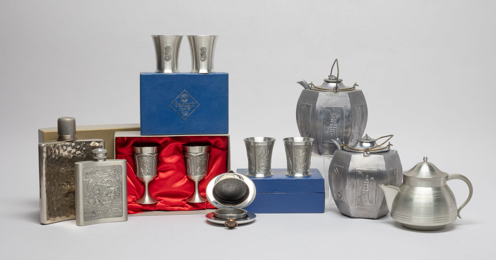 Asian, Chinese Pewter, Metal Wares: Including three pots, three pairs of cups with boxes, two flasks, and a pocket cup. Size varies.