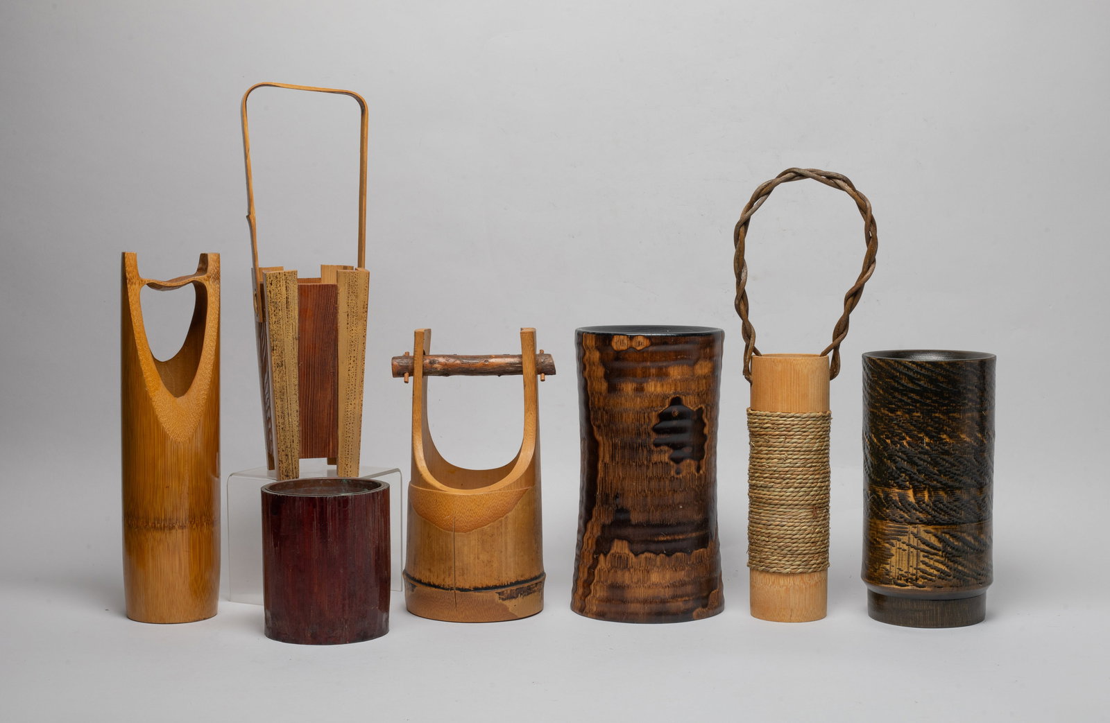 Estate Asian Bamboo House Decor Vases: Large group of Asian bamboo carved house decor vases. Size varies.