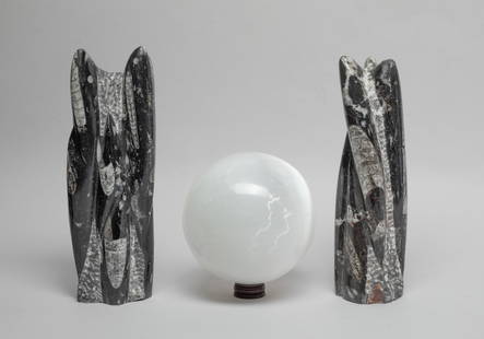 Estate Crystal Like Sphere & Fossil Sculptures: Including a large crystal-like sphere sculpture and two fossilized stone sculptures. Approx. 8.7*3*2.2 inch (largest).