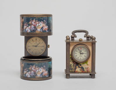 Estate Two Table Clocks: Two antique table clocks decorated with figural scenes, one dial marked Huameile made in 1886, the other dial marked SWISSZERLAND MADE 1858. Approx. 2.4*1.9 inch (larger).