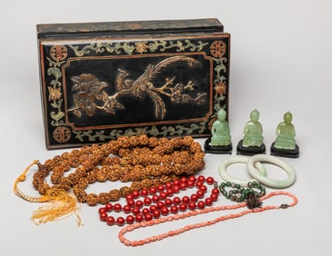 Lacquer Box of Chinese Jade & Beads