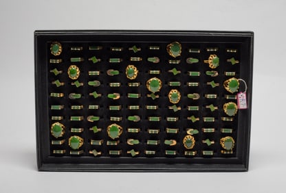 Large Set Chinese Jade, Gold Filled Rings