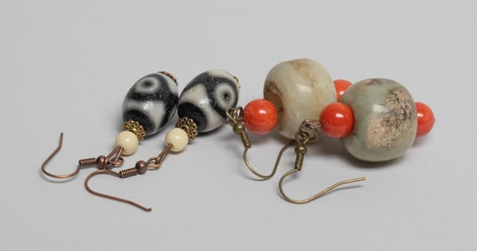 Pair Chinese Export Dzi Beads Earrings
