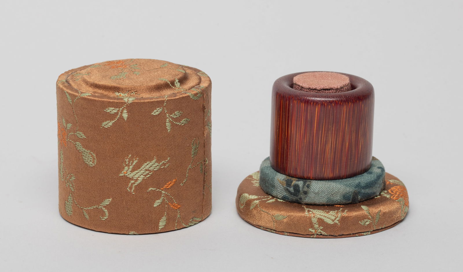 Estate Chinese Thumb Ring with Case: Chinese thumb ring with a case embroidered flowers. Approx. 1.5*1.25 inch (ring size).