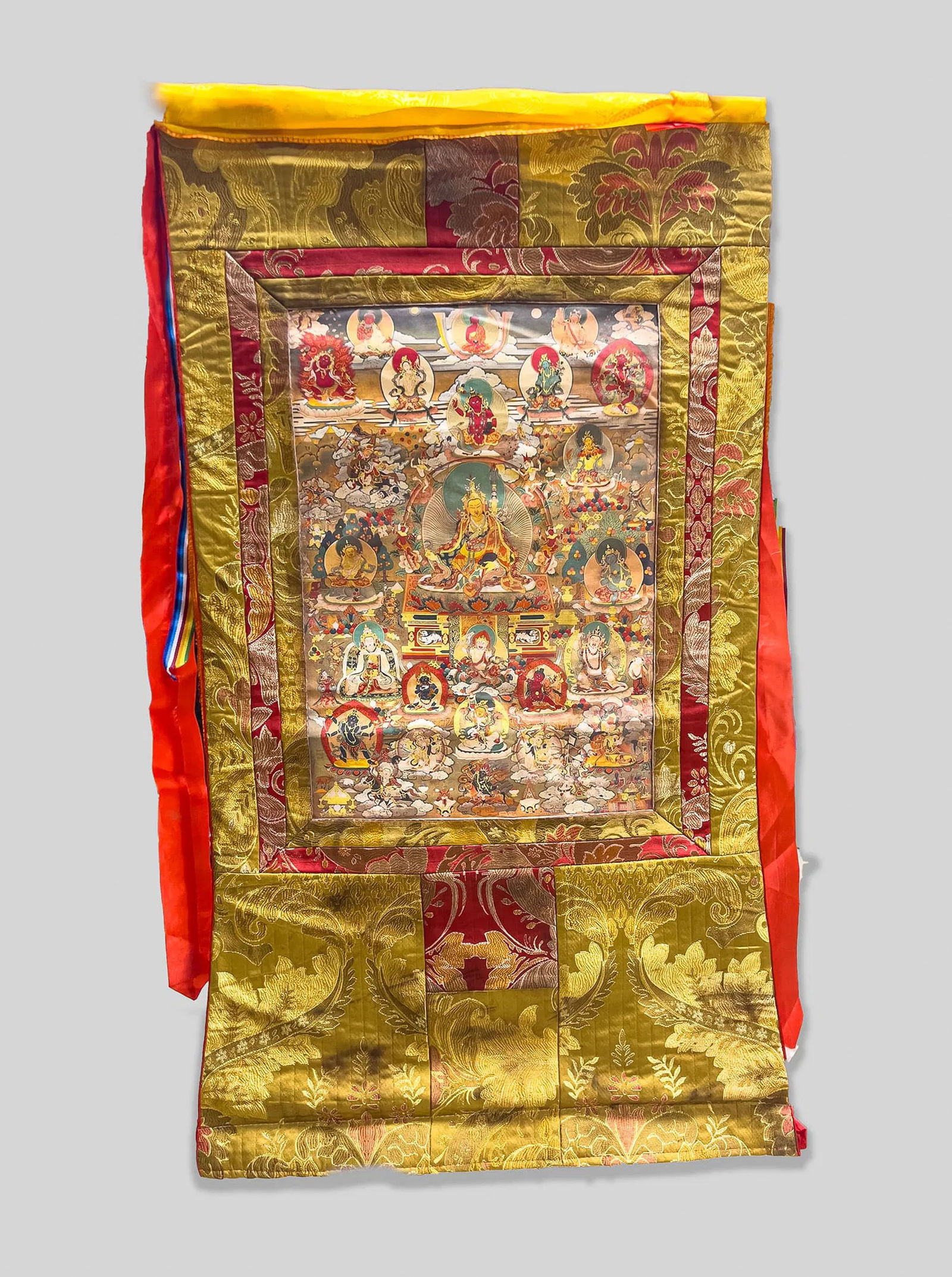 Chinese Wall Hanging Tangka: Chinese wall hanging silk tangka. Approx. 35.5-18.5 inch (silk size).