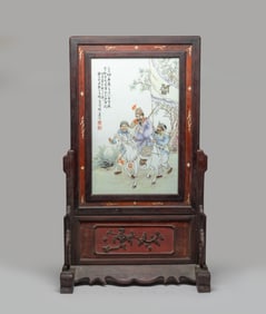 Chinese Wood Table Screen Inlaid Porcelain