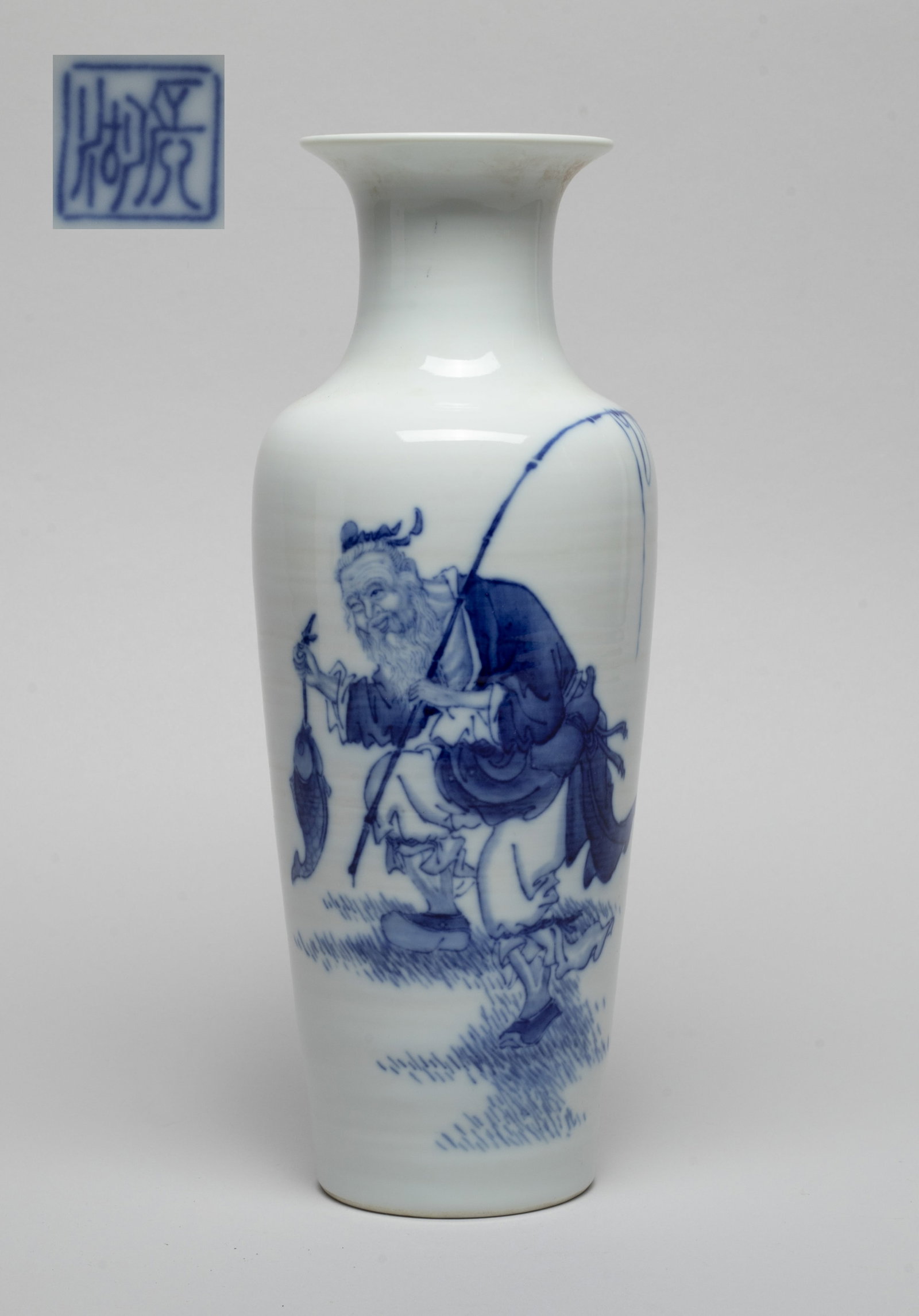 Chinese Export Porcelain Vase: The vase exterior painted with an old fisherman holding a fishing rod and a fish, inscribed with related passages, the bottom with a seal mark. Approx. 11*4.1 inch.