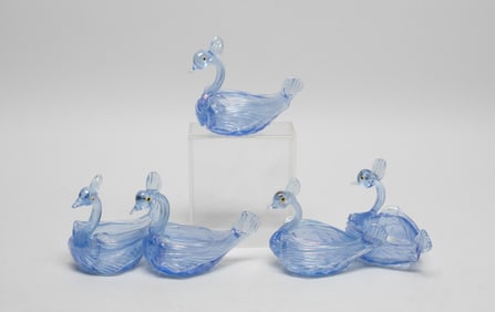 Set Venetian Latticino Glass Swan Figures