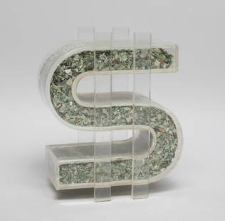 $50,000 Shredded Money, US Currency: Novelty acrylic Dollar sign filled with $50,000 in deminted chips paper currency. Approx. 6*4.7*2.9 inch.