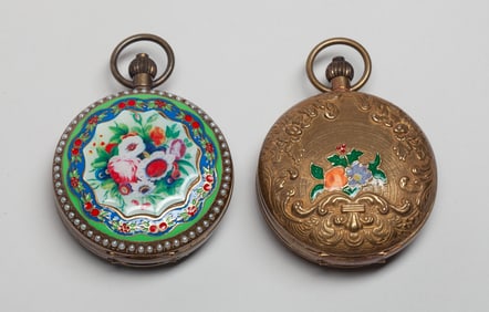 Estate Two Enameled on Brass Pocket Watch