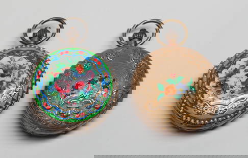 Estate Two Enameled on Brass Pocket Watch: Two antique enameled on brass pocket watches, one carved with foliage motif and enameled with flowers, the other decorated with flowers with beaded frame, the dial marked Huameile Made in 1886. Approx