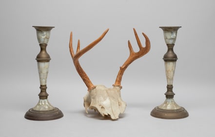 Continental Brass & MOP Candlesticks & Sculpture