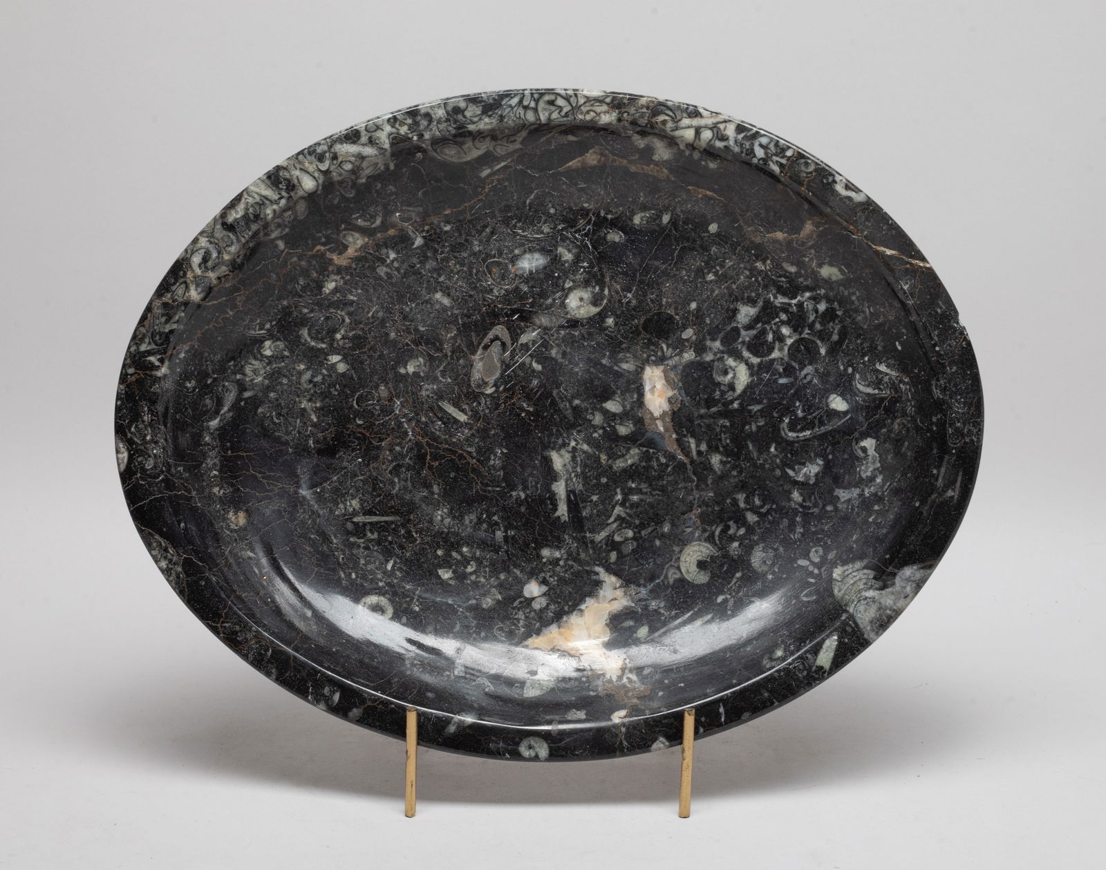 Estate Large Fossil Plate: Large fossil carved plate of oval shape, with stand. Approx. 13.3*10.2 inch (w/o stand).
