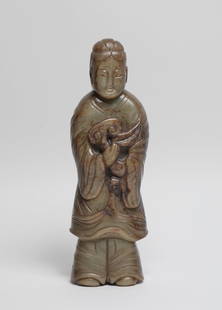 Tall Chinese Jade Sculpture of Lady: Large Chinese russet jade carved sculpture of standing lady dressed in lobe and trousers, the hands holding a lingzhi issuing from a leafy stem. Approx. 8*2.7*1.6 inch.