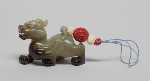 Chinese Jade Beast Pendant w/ Cinnabar Bead