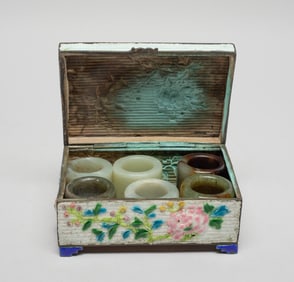 Chinese Jade Thumb Rings w/ Enameled Box