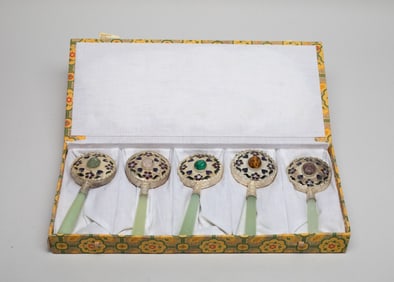Estate Chinese Export Jade, Stone Enameled Mirror