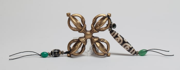 Estate Chinese/ Tibetan Brass, Dzi Beads Vajra