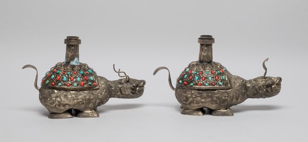 Two Chinese Silver Plated Candle Sticks