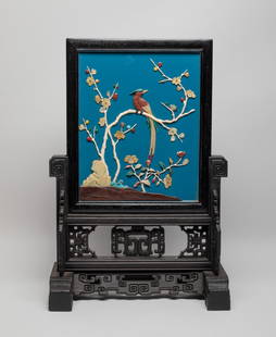Chinese Export Wood, Lacquer Table Screen: Chinese lacquer wood table screen, one side inset with stone carved as a bird on plum blossoms stem, the reverse painted with mountainous landscape scene, the wood frame carved in openwork with archai