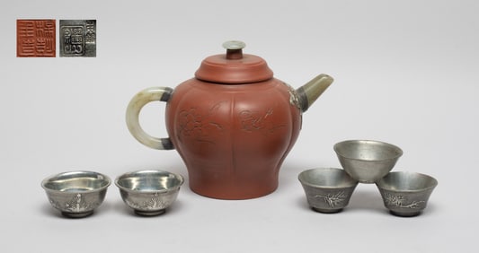 Chinese Export Zisha Tea Pot w/ Pewter Cups