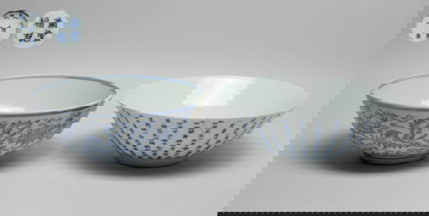 Two Chinese Export Porcelain Large Bowls: One bowl exterior inscribed with ancient poems, marked four characters on the bottom, the other bowl exterior painted with mythical beasts among lotus scrolls, the interior centre painted a phoenix, m
