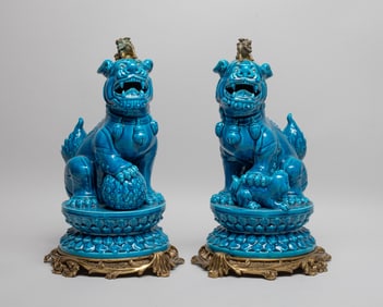 Pair Chinese Turquoise Glazed Porcelain Sculptures
