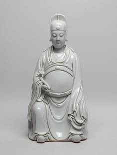 Chinese Blanc De Porcelain Sculpture: Chinese porcelain moulded seated scholar sculpture, dressed in a loose-fitting robe, his right hand holding ruyi, covered the surfaces in even white glaze. Approx. 13.3*6.5*6 inch.