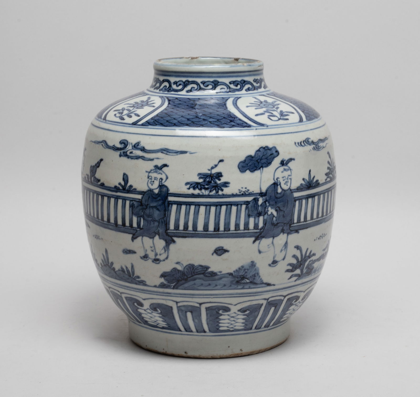 Estate Chinese Export Porcelain Jar: The ovoid body exterior painted with boys playing games in outdoor setting, between bands of flowers and petals. Approx. 7.9*7 inch.