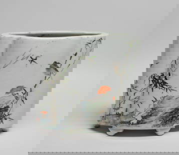Chinese Flambe Rose Porcelain Brush Pot: Of ruyi head section, with six tapered feet, the exterior painted with bird, bamboo, lingzhi and rockery, inscribed with related passages. Approx. 6.7*4.3*6.2 inch.