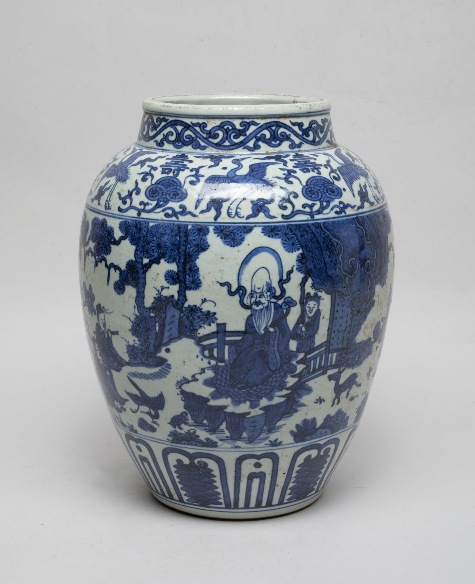 Chinese Export Blue & White Porcelain Vase: The vase exterior painted with figures in various activities in landscape setting, beneath a band enclosing cranes, shou characters and lingzhi, above a band of upright petals. Approx. 10.1*7.8 inch.