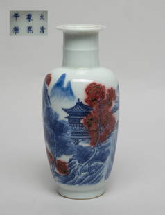 Chinese Export Porcelain Cabinet Vase: The body decorated with mountainous riverbank landscape scene in copper-red and cobalt-blue, the bottom marked with six characters. Approx. 6.3*2.8 inch.