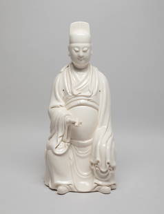 Chinese Blank De Porcelain Sculpture: Chinese hollow porcelain sculpture moulded as a seated scholar wearing a loose-fitting robe and holding a scroll book in right handle, applied in even creamy white glaze. Approx. 13*6*5.5 inch.