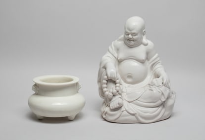 Chinese Blanc De Porcelain Buddha & Censer