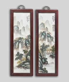 Pair Chinese Wood & Porcelain Hanging Plaquers