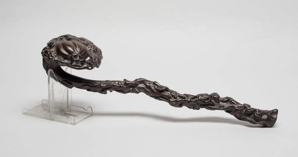 Chinese Export Wood Sculpture of Ruyi: Skilfully carved as a branch surrounded by delicate twisted branches with leaves, embellished with buddha hand citrus and pomegranate fruits aroung the branch and at the openwork head. Approx. 13*3.4*