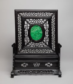 Chinese Wood Table Screen w/ Colored Stone