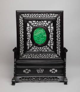 Chinese Wood Table Screen w/ Colored Stone: Of rectangular shape carved in openwork with scrolls, inset with a colored stone plaque, one side carved with bird and flowers and the reverse with a dragon catching a ball amid lingzhi and leafy stem