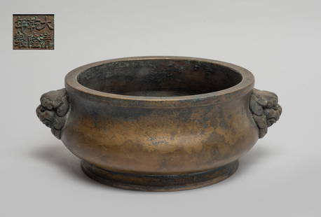 Chinese Export Bronze Censer: Of compressed globular form rising from a short splayed foot to a broad waisted neck, flanked by a pair of raised mask handles, the bottom carved with a six-character mark. Approx. 7.2*5.9*2.7 inch.