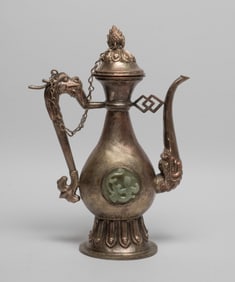 Chinese Silver Plated Pot Inlaid Jade