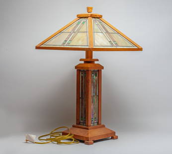 Vintage Tiffany Style Stained Glass Lamp: Special Tiffany style stained glass table lamp. Approx. 26*14.7*14.7 inch.