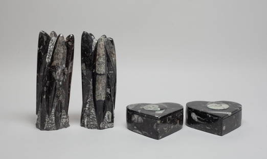 Designed Fossil Boxes & Sculptures: Group of two fossil carved boxes of heart shape and two fossil table sculptures. Approx. 7.1*2.5*2.3 inch (largest).