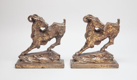Antique Bronze Bookends of Ram, Early 20th