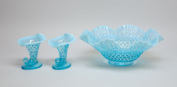 Fenton Blue Opalescent Hobnail Large Ruffled Piece
