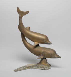 Vintage Brass Table Sculpture of Dolphin: Vintage brass room decor sculpture moulded as two dolphins. Approx. 14.1*10.7*6.2 inch. The Estate of the Store Closed Sale, Los Angeles.