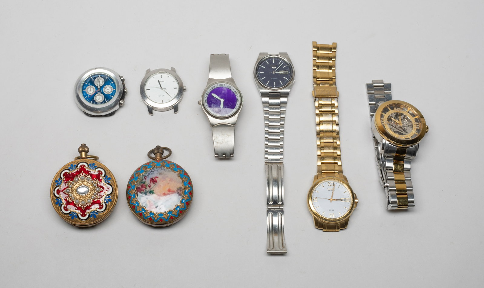 Enameled Pocket Watches, Used Watches: Including two pocket watches and six wrist watches, some watch dials with no band. Size varies.